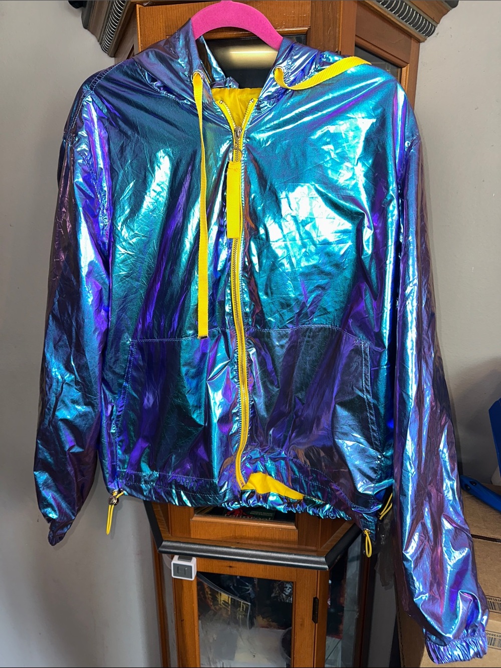Ashley By 26 International Iridescent Teal Hooded Raincoat with Yellow Accents